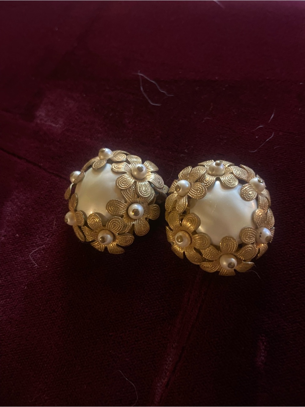 MIRIAM HASKELL Faux Pearl Flowers Brass Filigree Clip On Earrings